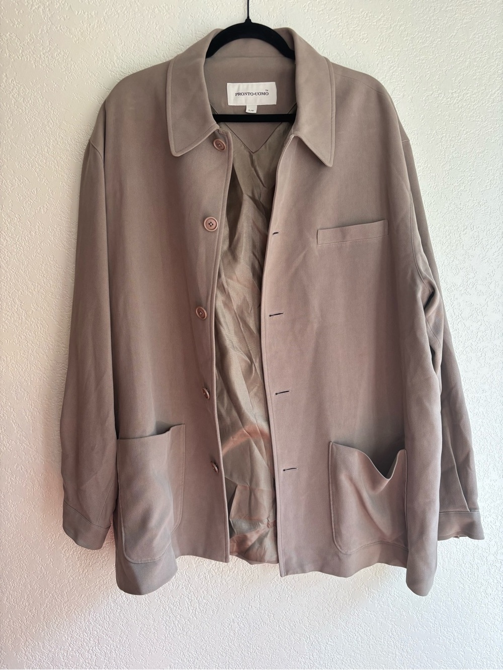 Vintage Pronto Uomo 100% Silk Shirt Jacket Men's L Beige Chore Coat 90s Style